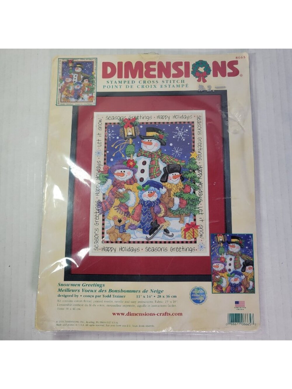 2001 Dimensions Snowmen Greetings Stamped Cross Stitch Kit 8665 SEALED 11 x 14